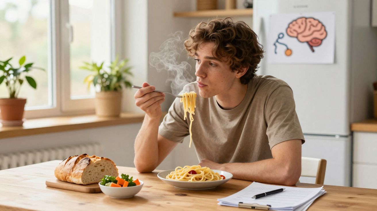 Jovem com camiseta bege comendo espaguete em cozinha clara com pão, salada e caderno sobre mesa de madeira.