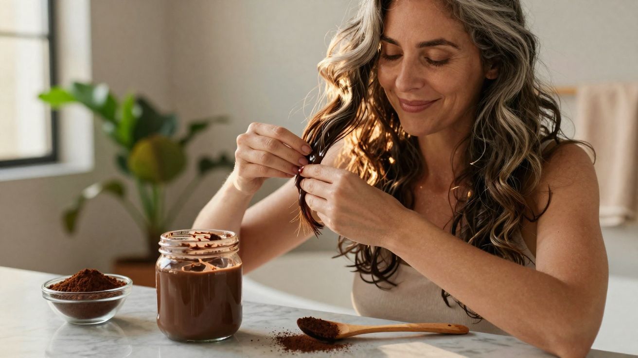Mulher aplicando máscara capilar caseira de cacau no cabelo em cozinha iluminada.