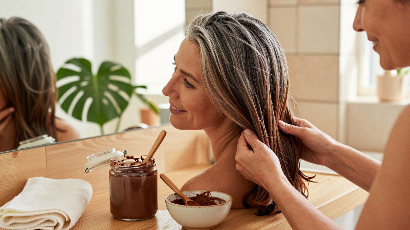 Mulher aplicando máscara capilar em cabelo grisalho em banheiro iluminado com plantas ao fundo.