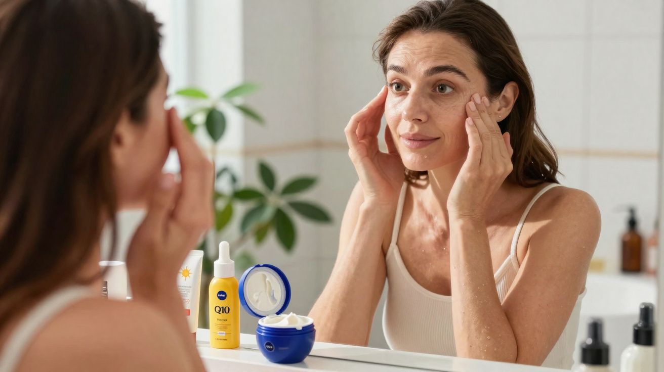 Mulher olhando no espelho aplicando creme facial em banheiro com produtos de cuidados com a pele.