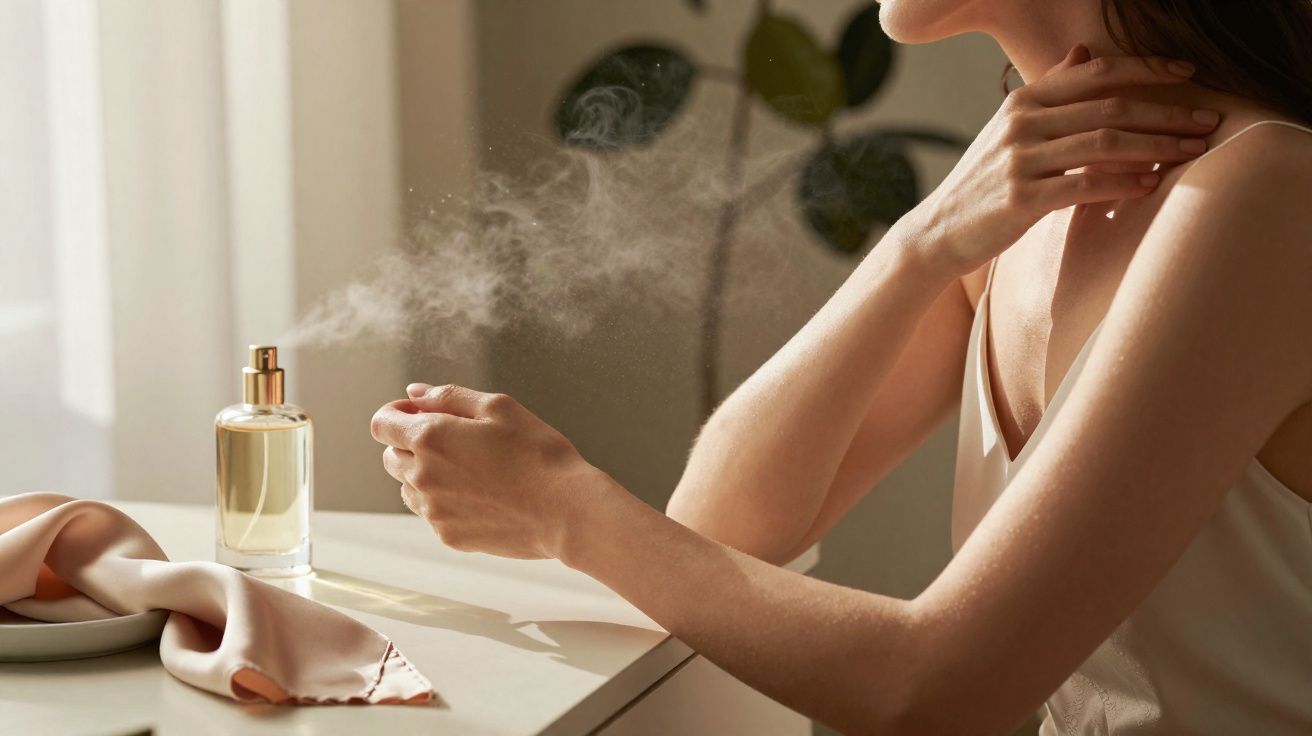 Mulher aplicando perfume no pulso em ambiente iluminado por luz natural.