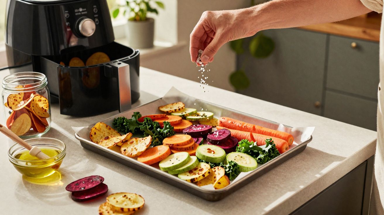 Pessoa temperando legumes fatiados em uma assadeira ao lado de uma air fryer e potes na bancada da cozinha.