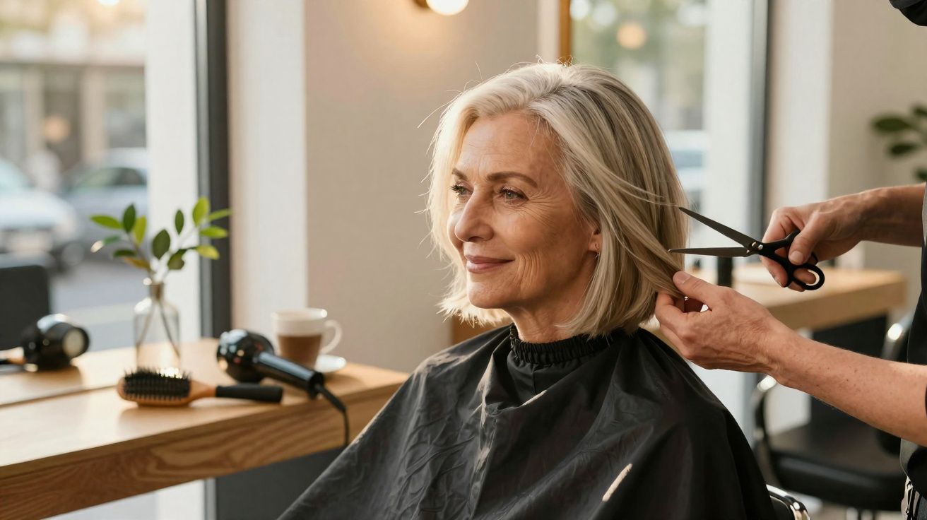 Mulher loira madura sorrindo sentada em salão enquanto cabeleireiro corta seu cabelo curto.