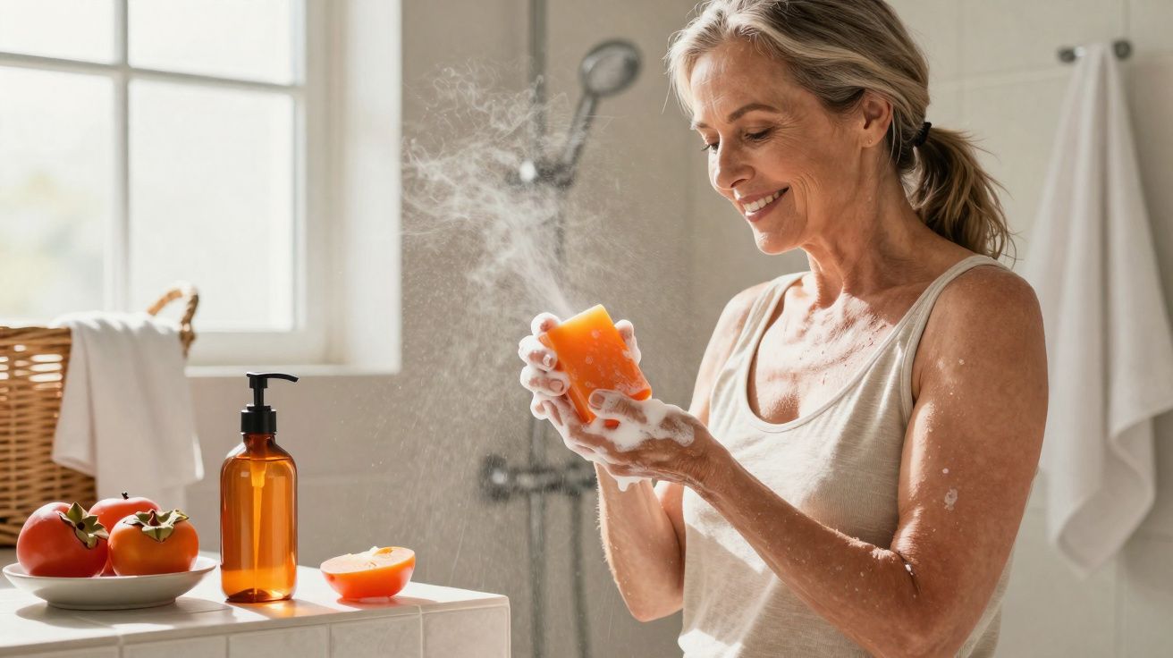 Mulher sorrindo usando sabonete de tomate em ambiente de banheiro iluminado.