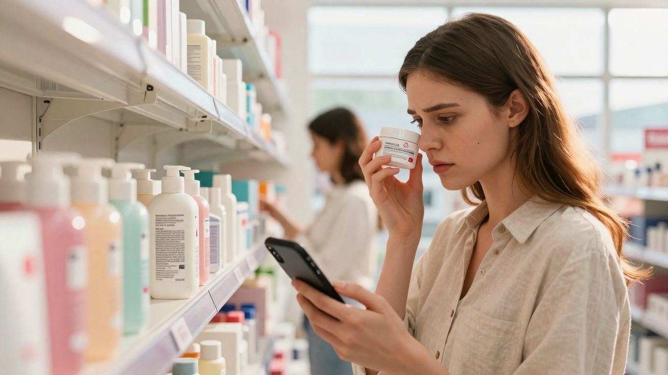 Mulher analisando embalagem de cosmético em loja enquanto consulta celular, prateleira cheia de produtos ao fundo.