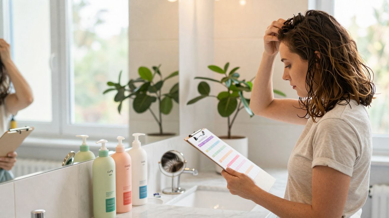 Mulher em banheiro segurando prancheta e coçando a cabeça, olhando atentamente para a lista.