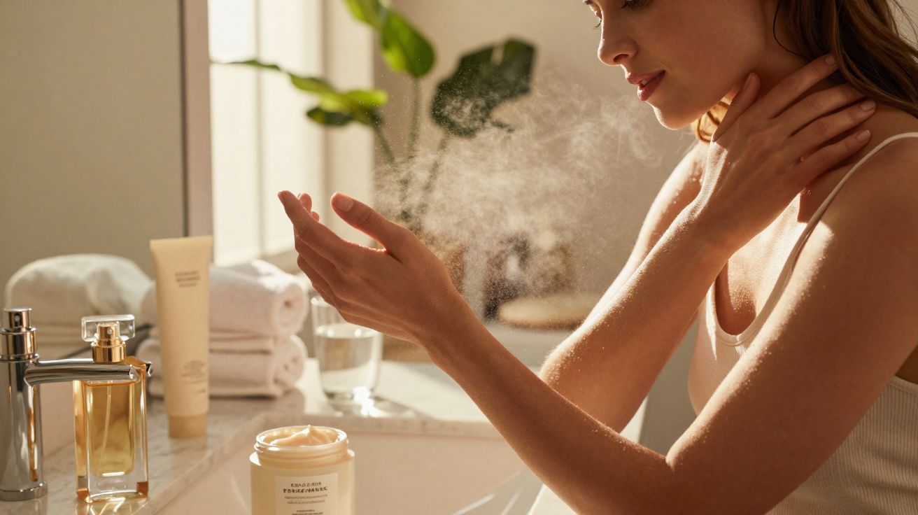 Mulher aplicando spray hidratante nos braços em banheiro iluminado com produtos de beleza no balcão.