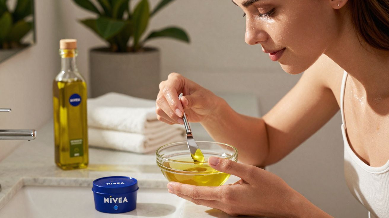 Mulher preparando mistura com óleo em tigela de vidro, com creme Nivea e toalhas ao fundo.