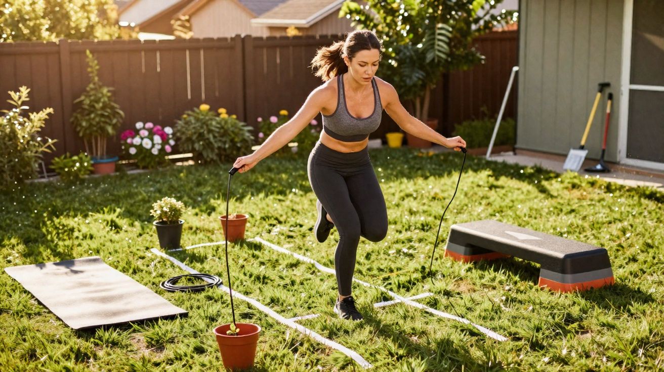 Mulher fazendo exercícios com corda de pular no jardim, entre vasos e equipamentos de treino ao sol.