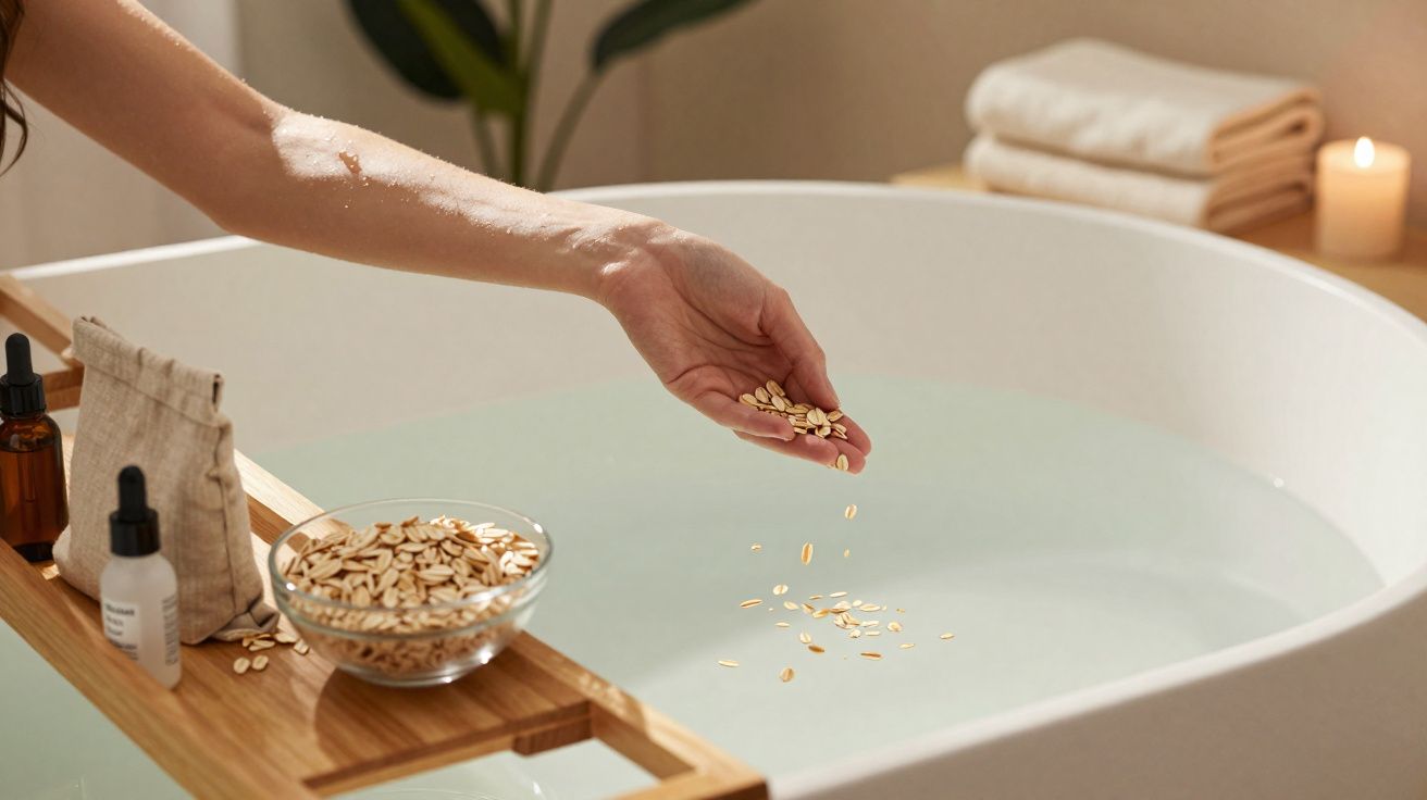 Mão feminina espalhando aveia em banheira branca com toalhas, vela e frascos de produtos ao lado.