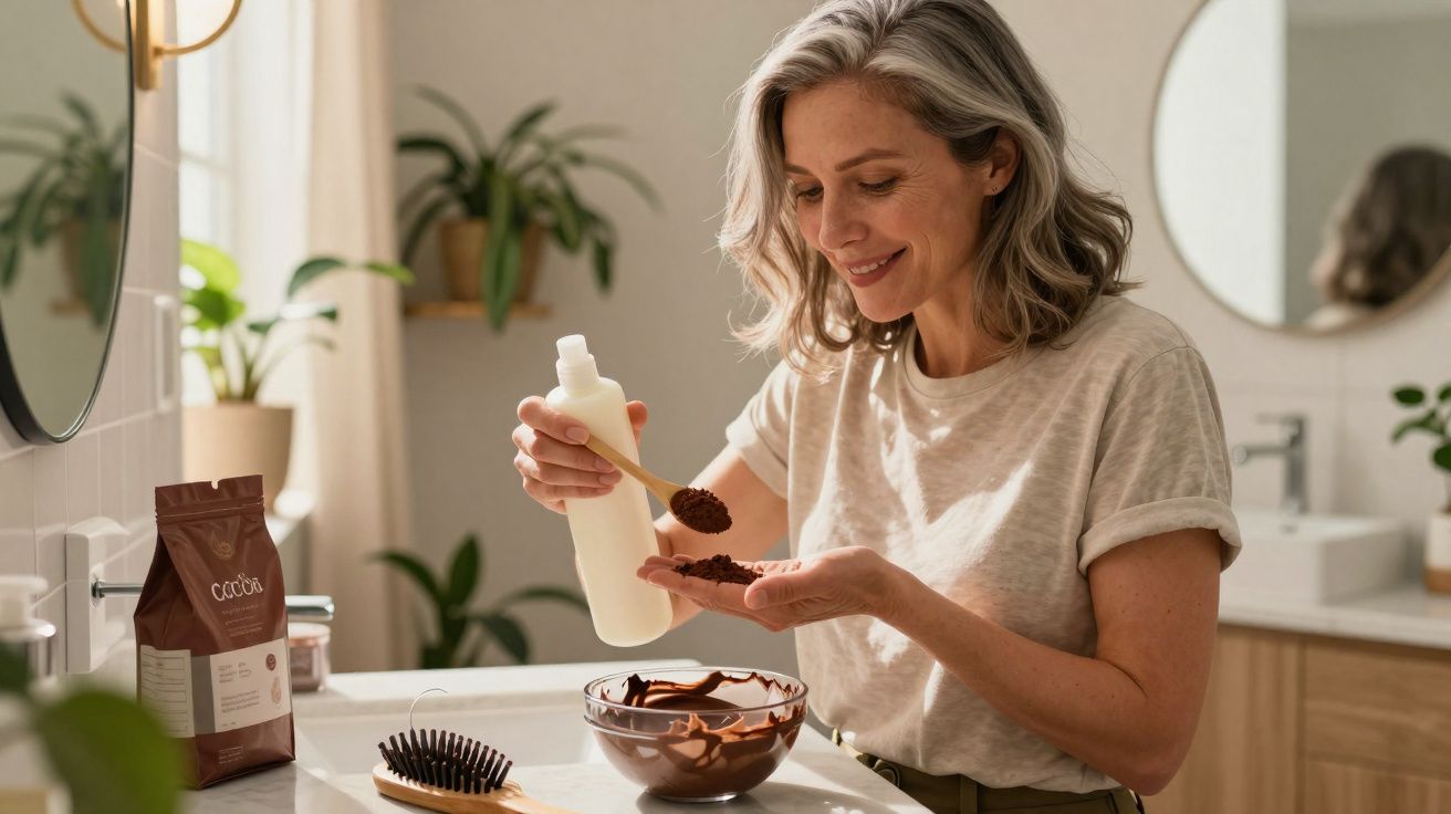 Mulher com cabelo grisalho preparando máscara caseira para cabelo no banheiro.