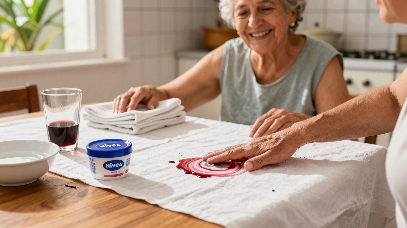 Pessoa limpando mancha de vinho tinto em toalha branca com creme Nivea e água na mesa.
