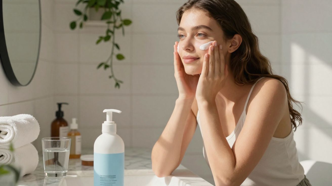 Mulher aplicando creme no rosto em banheiro iluminado, com toalhas e frascos ao fundo.