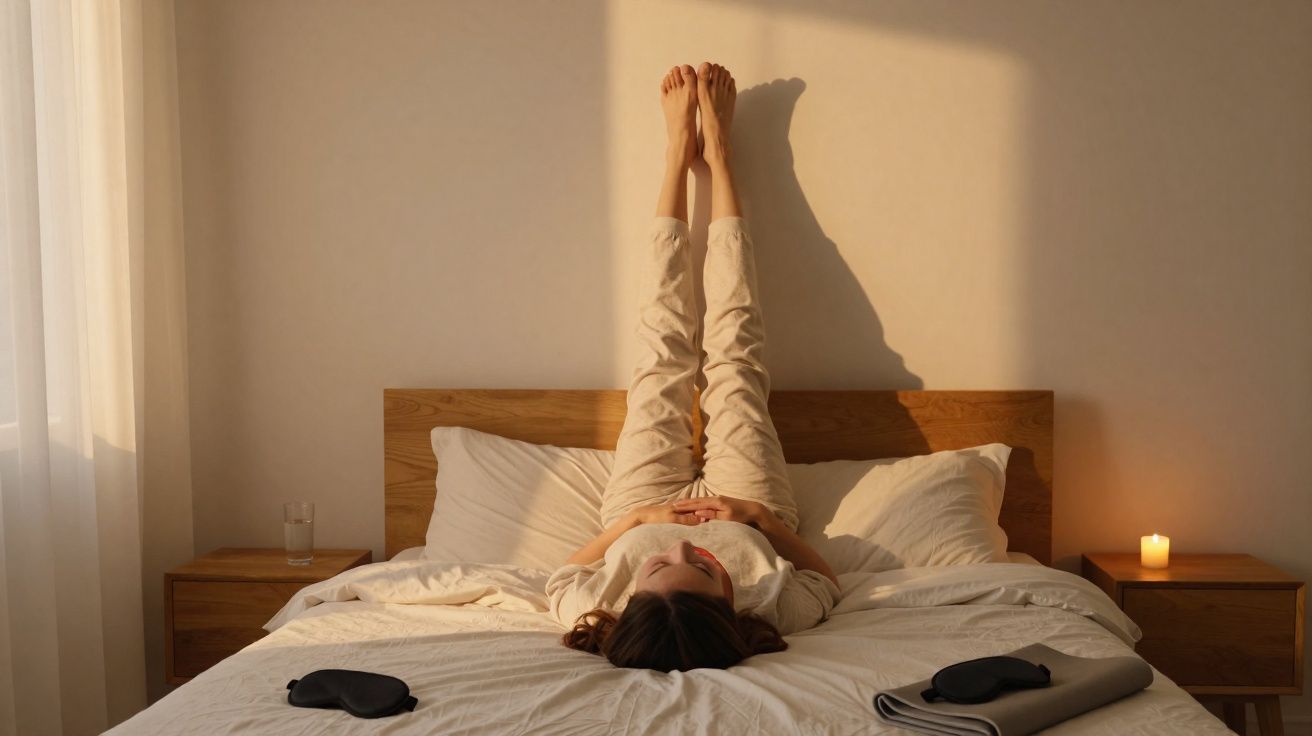 Mulher deitada na cama com pernas esticadas para cima, iluminada pela luz do sol da manhã.