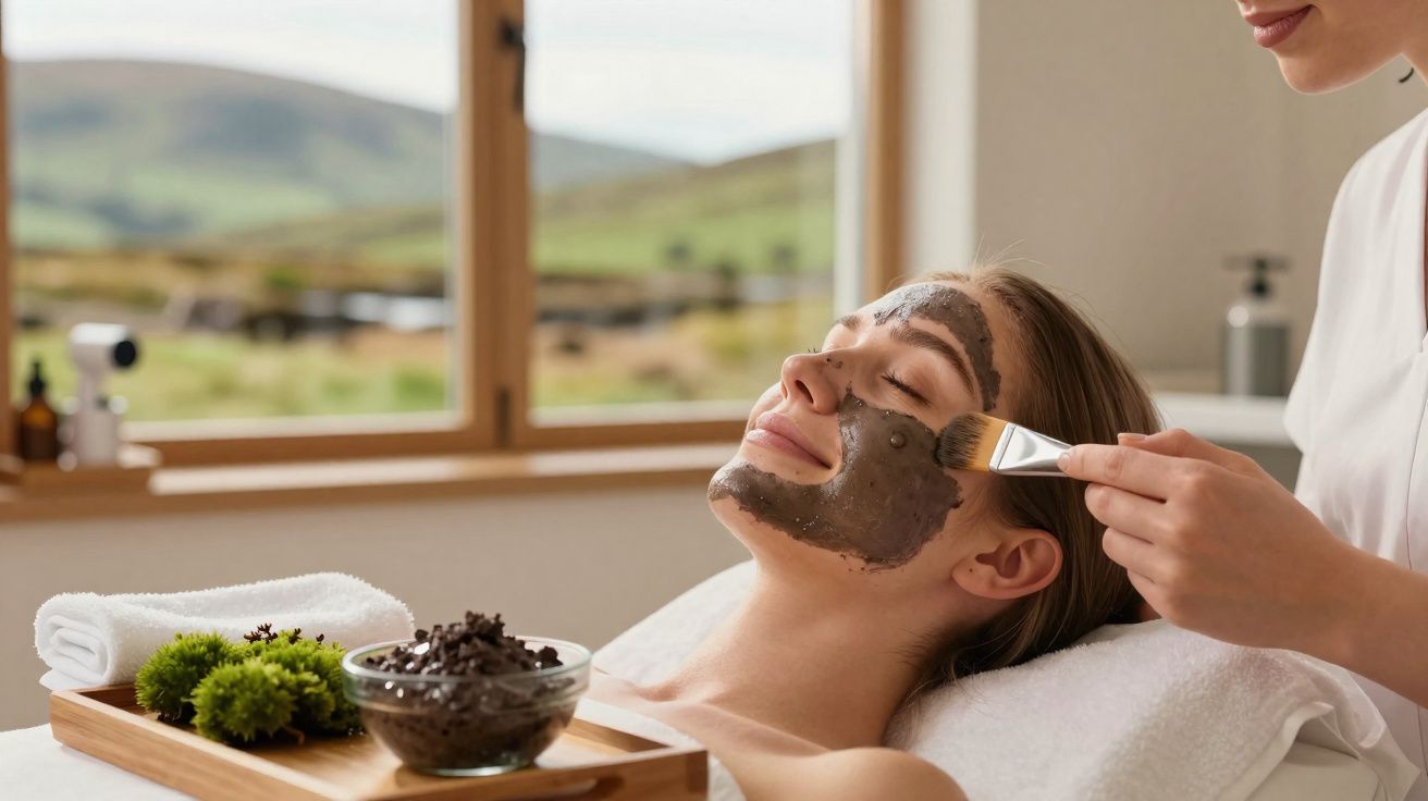 Mulher recebendo aplicação de máscara facial preta durante tratamento de spa em ambiente iluminado e tranquilo.
