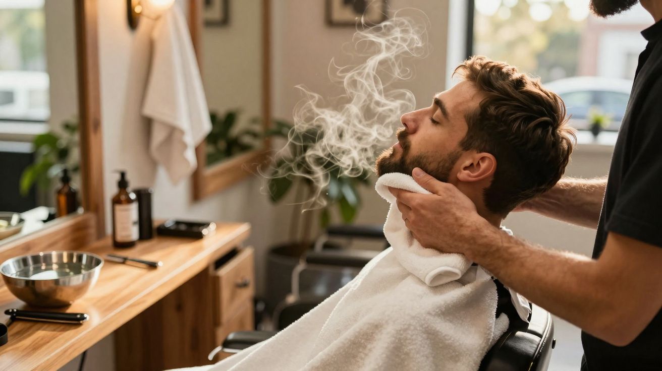 Homem relaxando enquanto barbeiro aplica toalha quente no rosto em barbearia moderna.