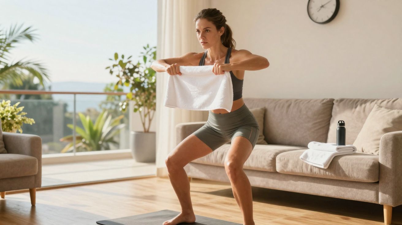 Mulher fazendo agachamento com toalha na sala de estar iluminada e com plantas ao fundo.
