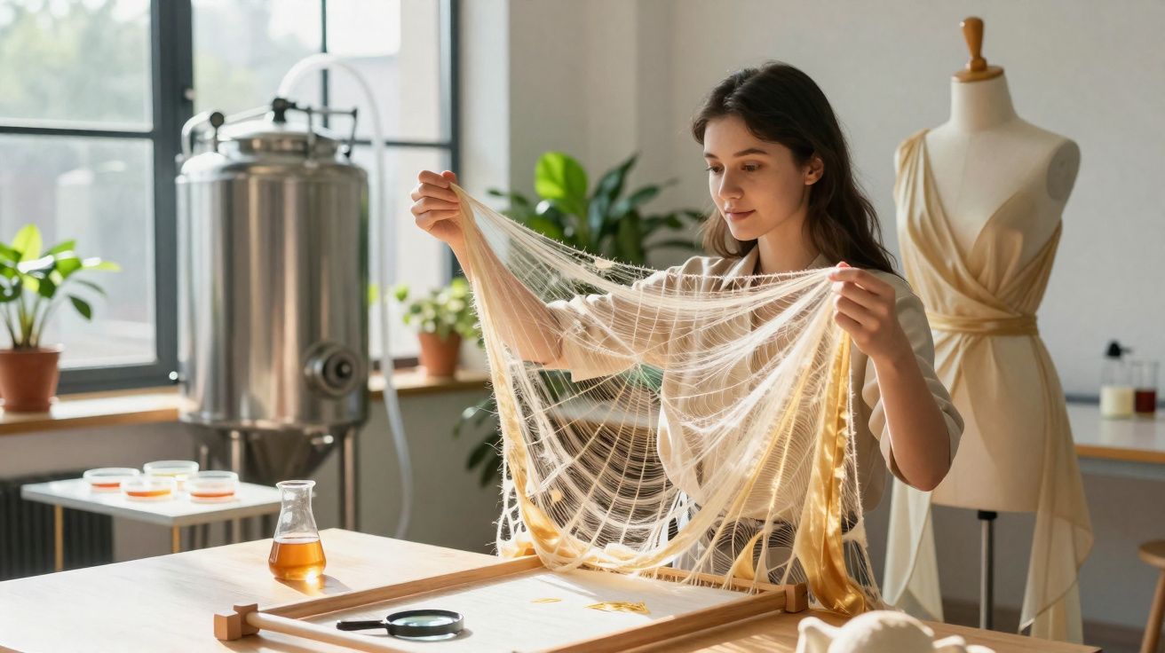 Mulher analisando manualmente tecido fino e transparente em ateliê de criação próximo a manequim.