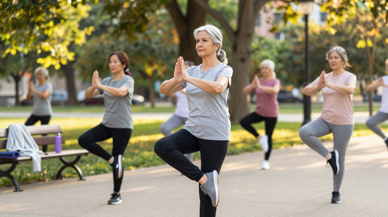 Grupo de mulheres idosas praticando yoga ao ar livre em parque ensolarado.