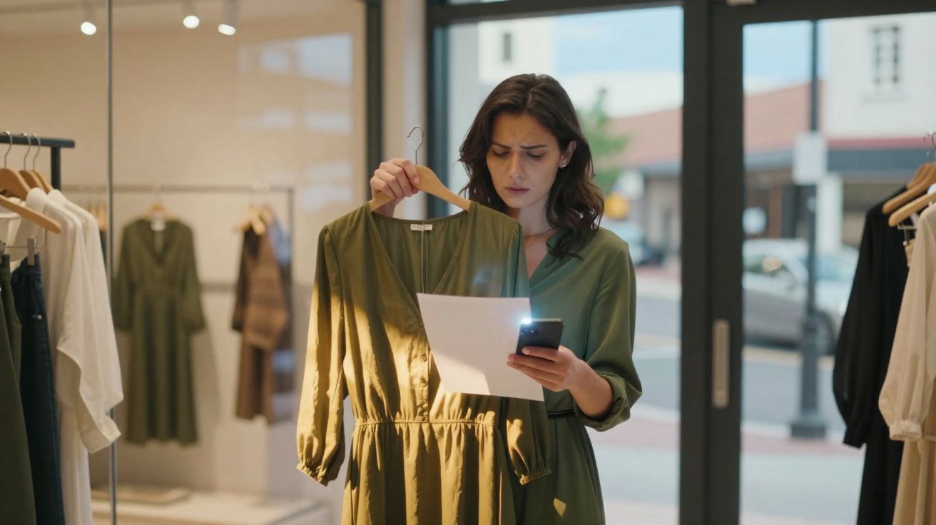 Mulher em loja de roupas segura vestido verde e verifica nota fiscal enquanto usa celular.