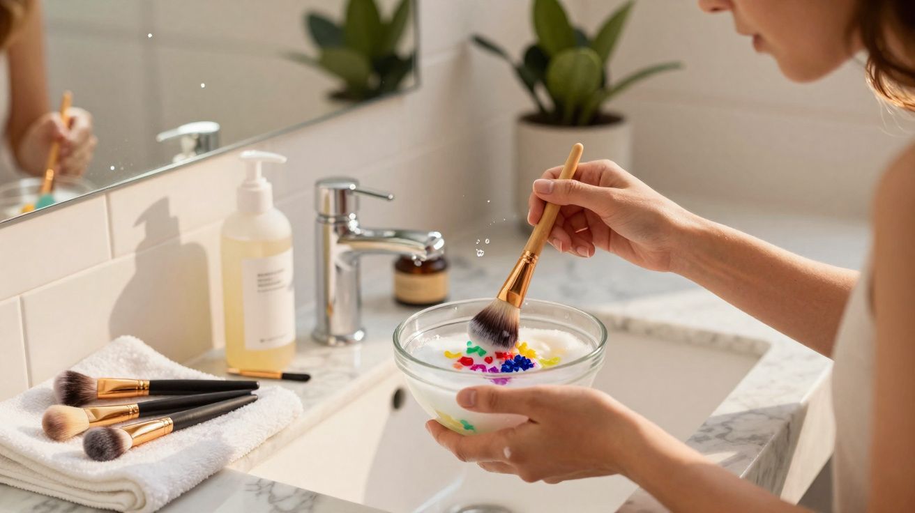 Pessoa limpando pincel de maquiagem em tigela com água colorida sobre pia de banheiro.