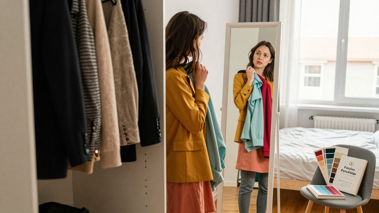 Mulher em quarto segura roupas e se olha pensativa no espelho, ao lado de armário e cadeira com amostras de cores.