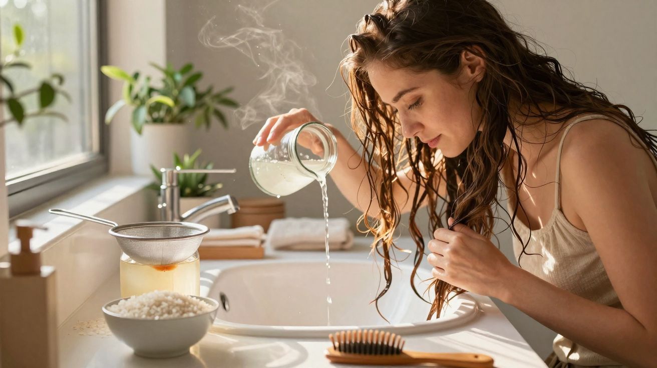 Mulher despejando líquido quente no pia para tratamento caseiro de cabelo molhado em banheiro iluminado.
