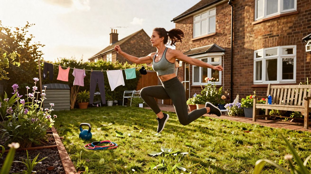 Mulher pulando em jardim gramado durante exercício físico em casa ao pôr do sol.