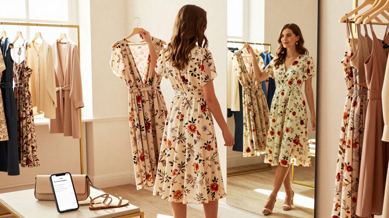 Mulher em vestido floral bege experimenta vestido frente ao espelho em loja de roupas femininas.