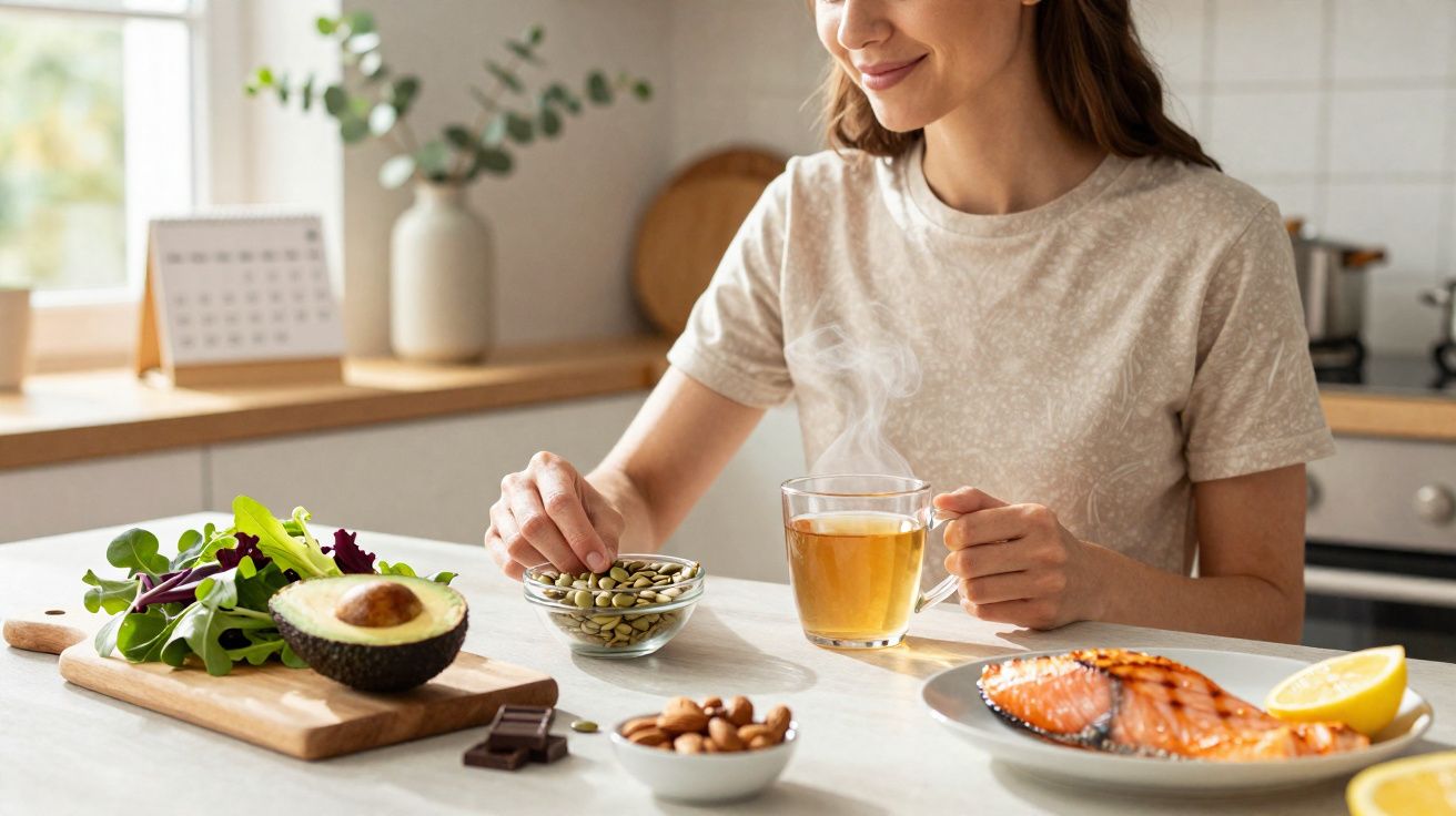 Mulher sentada à mesa com chá quente e alimentos saudáveis como abacate, salmão e nozes na cozinha.