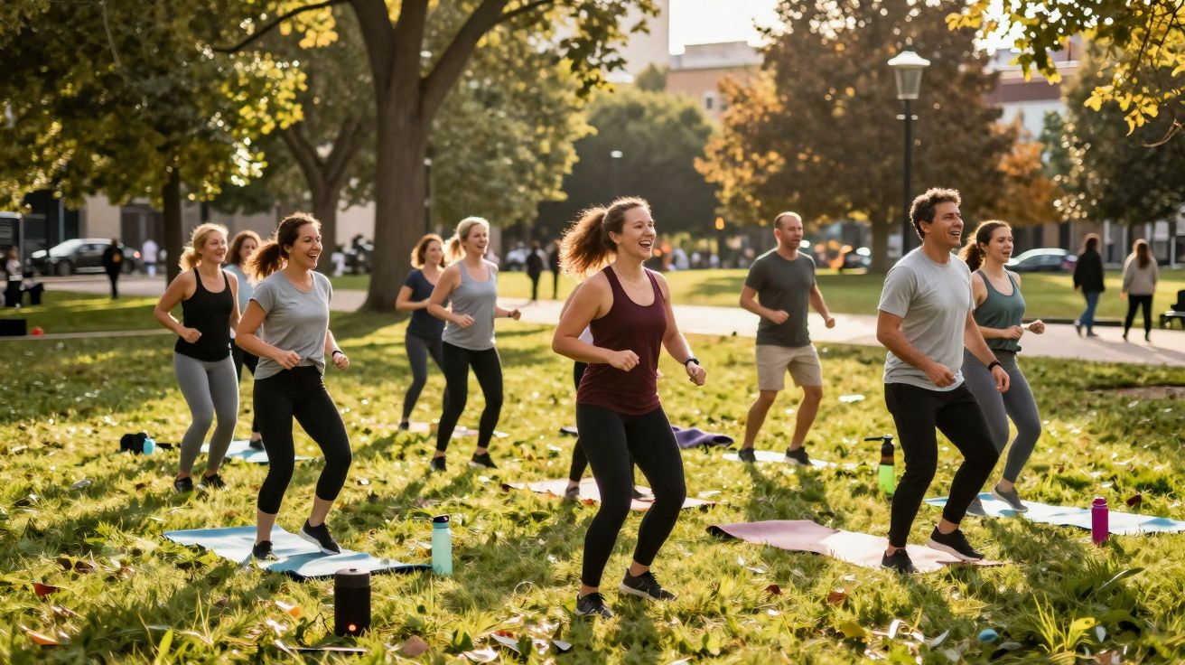 Grupo de pessoas fazendo aula de exercício ao ar livre em parque ensolarado.