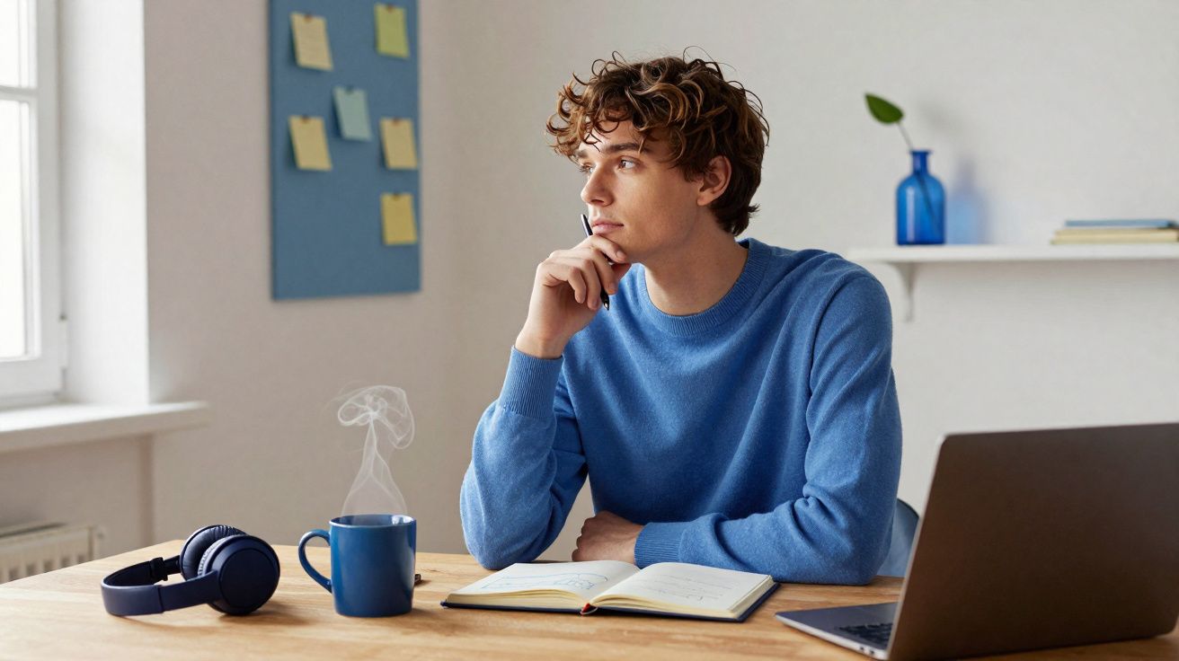Jovem pensativo sentado à mesa com caderno aberto, xícara de café, fones de ouvido e laptop.