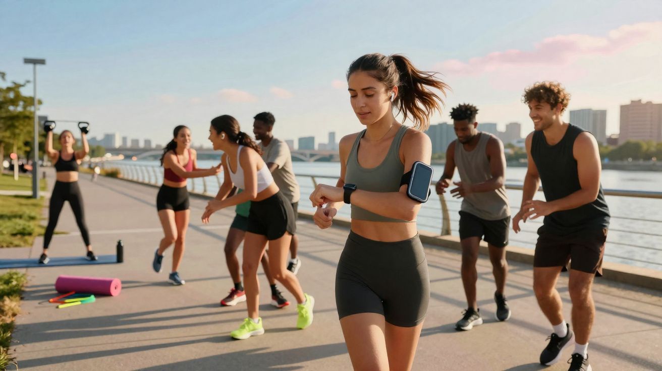 Grupo de jovens se exercitando ao ar livre próximo a um lago em dia ensolarado.
