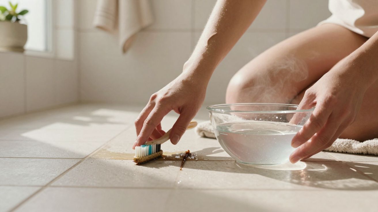 Pessoa limpando sujeira no chão de azulejos com escova pequena e água quente em uma tigela transparente.
