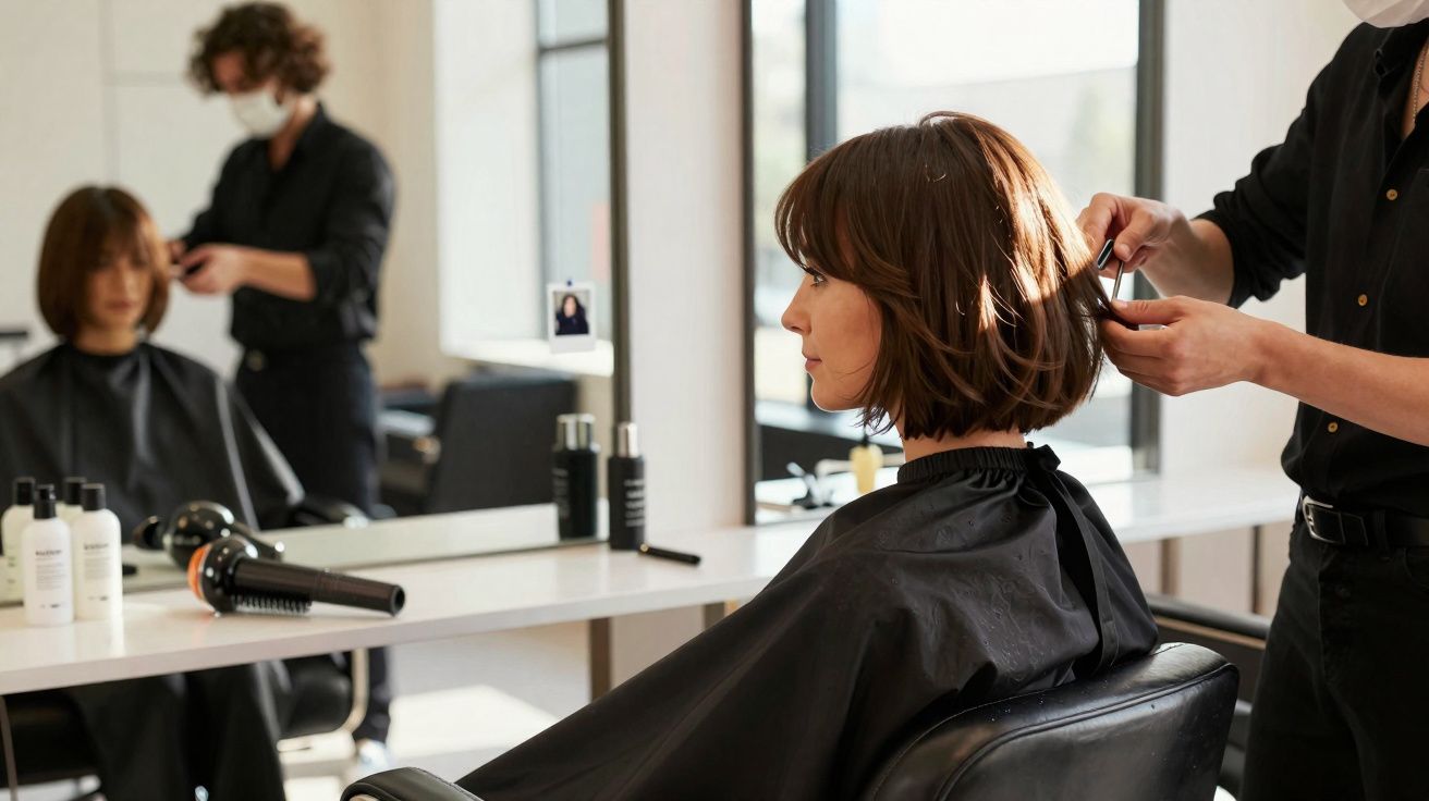 Mulher com máscara fazendo corte de cabelo em salão moderno com espelhos e produtos sobre a bancada.