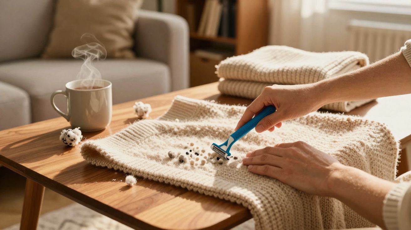 Mãos usando um barbeador para remover bolinhas de suéter claro sobre mesa de madeira com café quente ao lado.