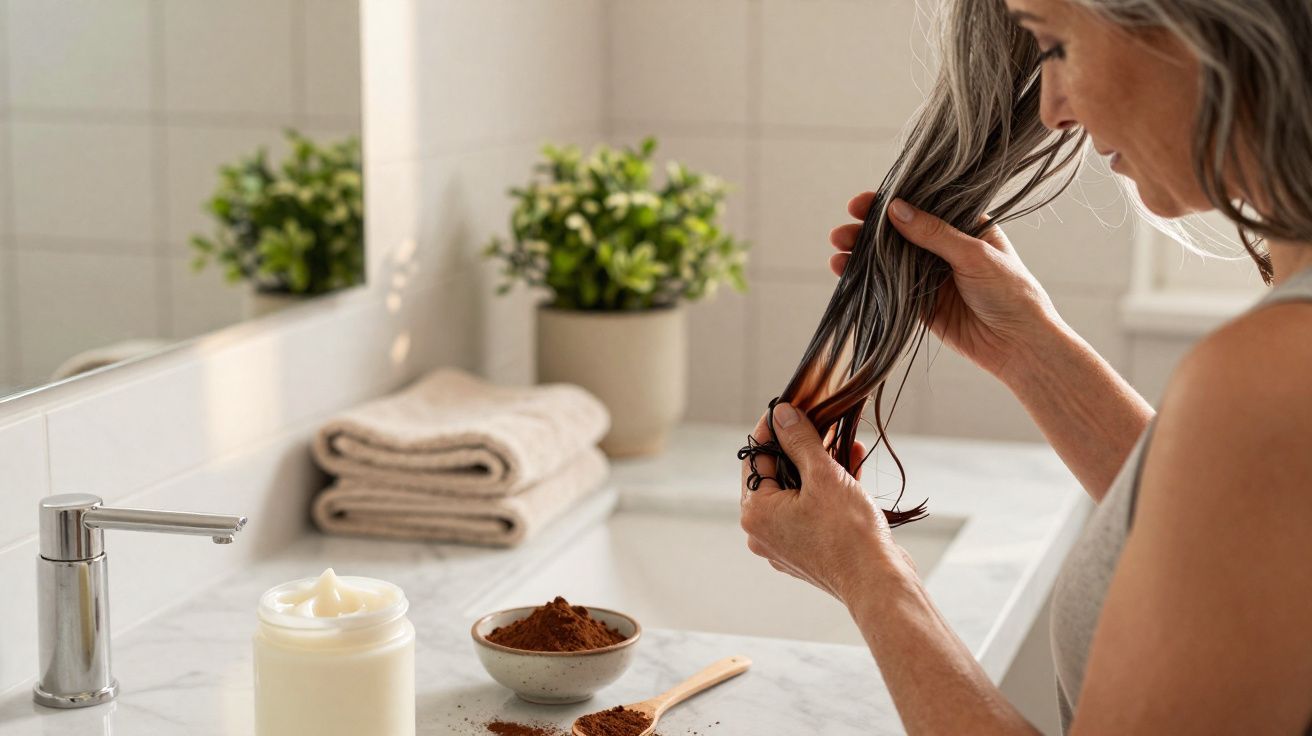 Mulher aplicando máscara capilar em cabelos grisalhos no banheiro com produtos e toalhas ao fundo.