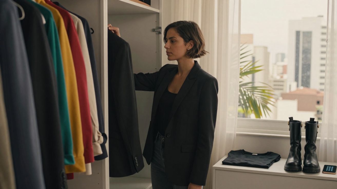 Mulher vestindo blazer preto escolhe roupa em armário com várias peças coloridas e botas ao lado da janela.