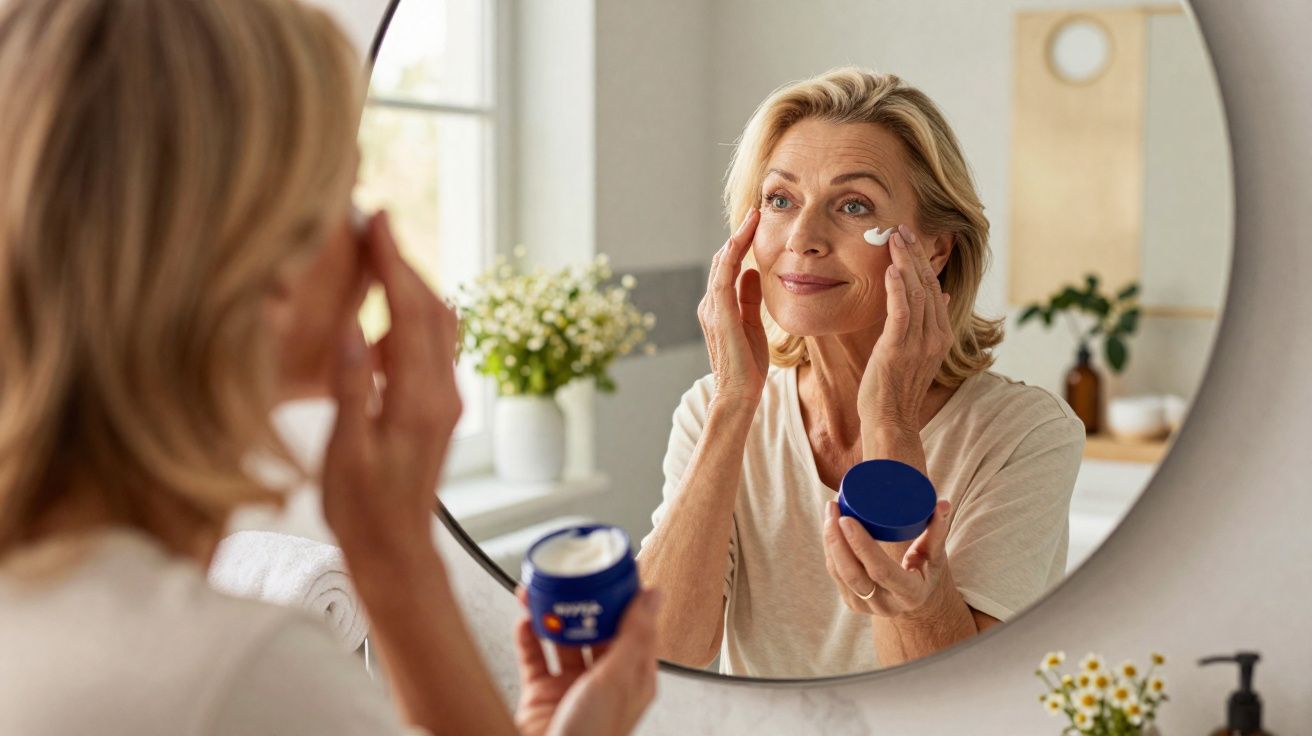 Mulher madura aplicando creme facial em frente ao espelho em banheiro iluminado e decorado.