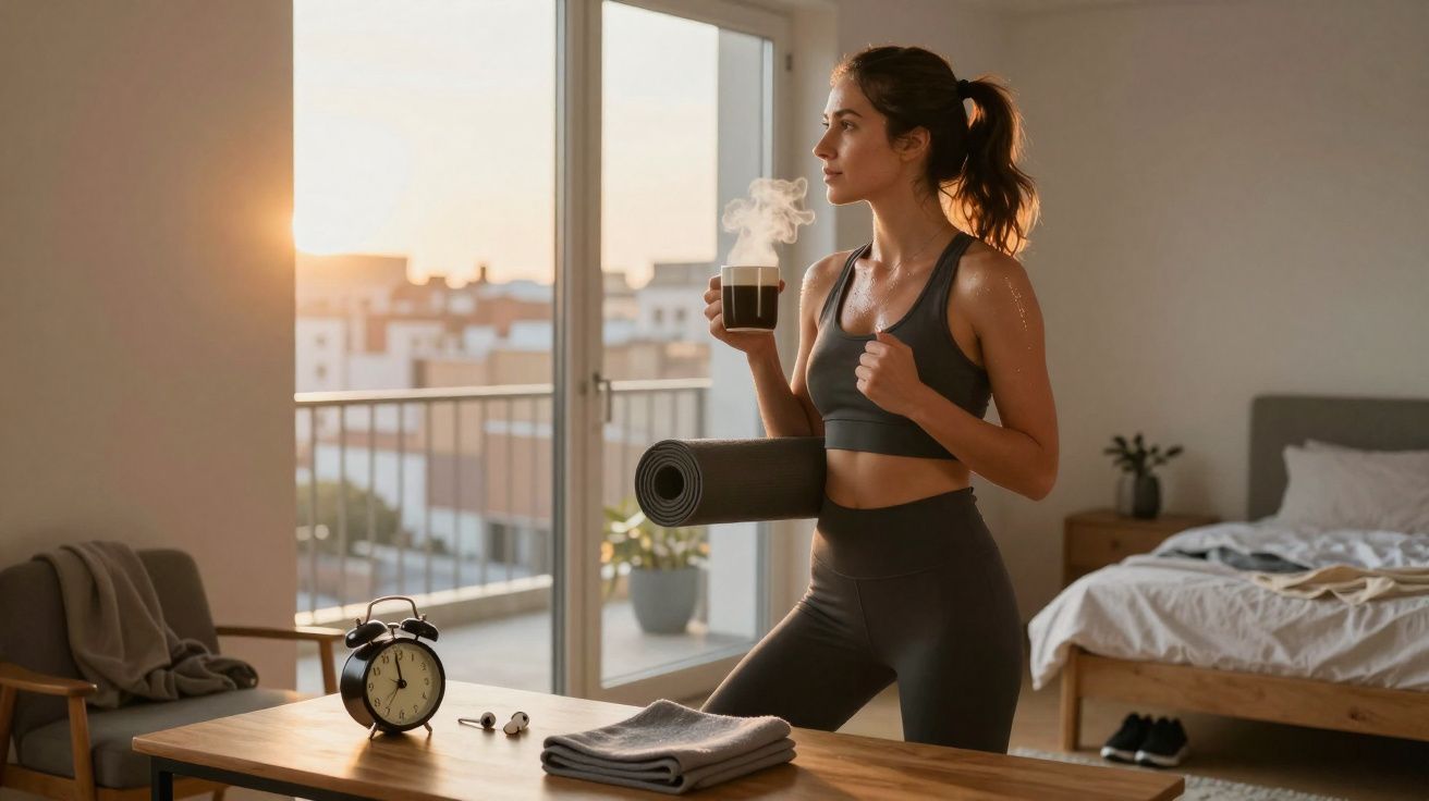Mulher em roupa de ginástica segura tapete e toma café em ambiente iluminado pelo sol da manhã.