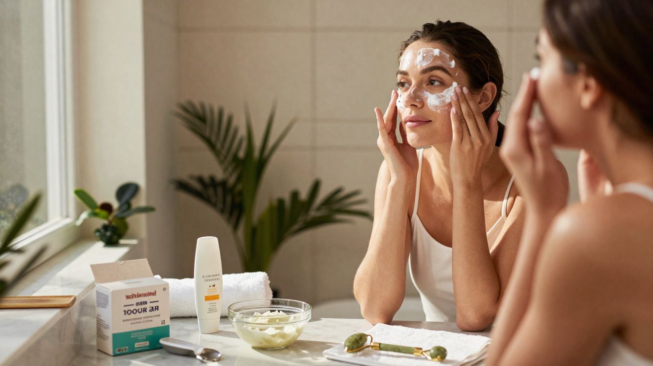 Mulher aplicando creme facial diante de espelho em banheiro iluminado natural.