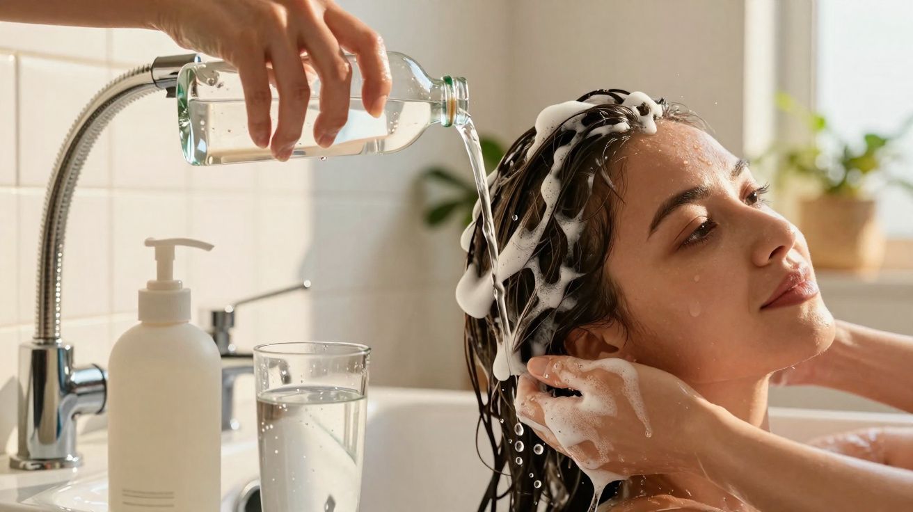 Pessoa lavando o cabelo com shampoo, recebendo água de uma garrafa em pia clara e iluminada.
