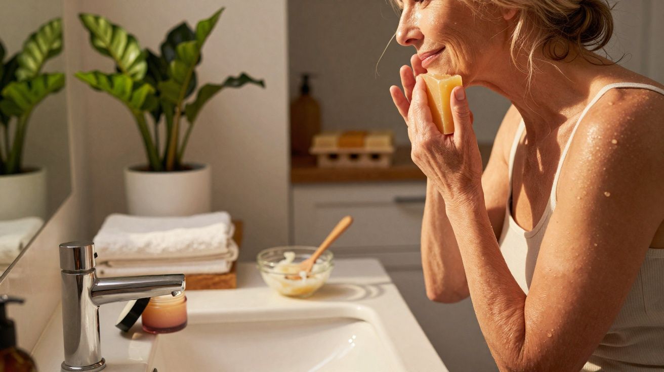 Mulher adulta aplicando sabonete no rosto em banheiro iluminado, com plantas e toalhas ao fundo.