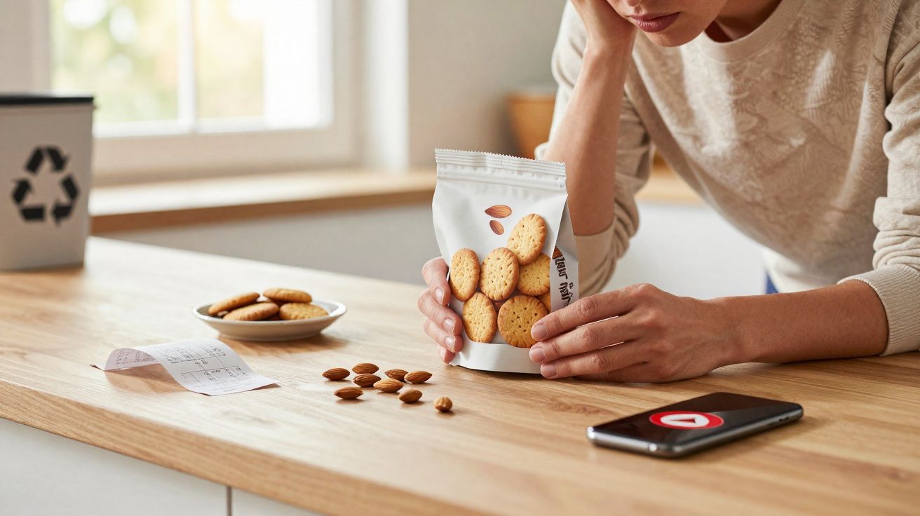 Pessoa segurando pacote de biscoitos na mesa com amêndoas e celular ao lado.