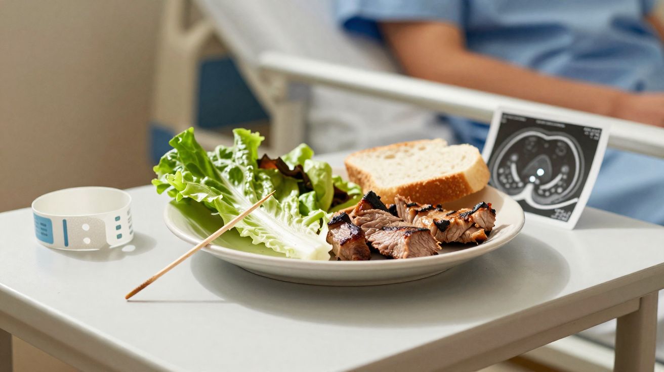 Prato com salada, pedaços de carne grelhada e fatia de pão sobre mesa em quarto de hospital.