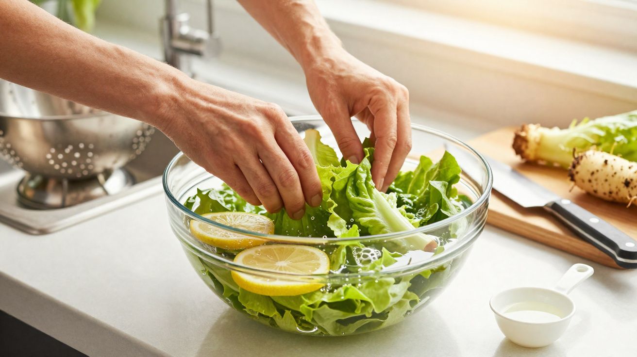Mãos lavando folhas de alface com fatias de limão em uma tigela de vidro na cozinha.