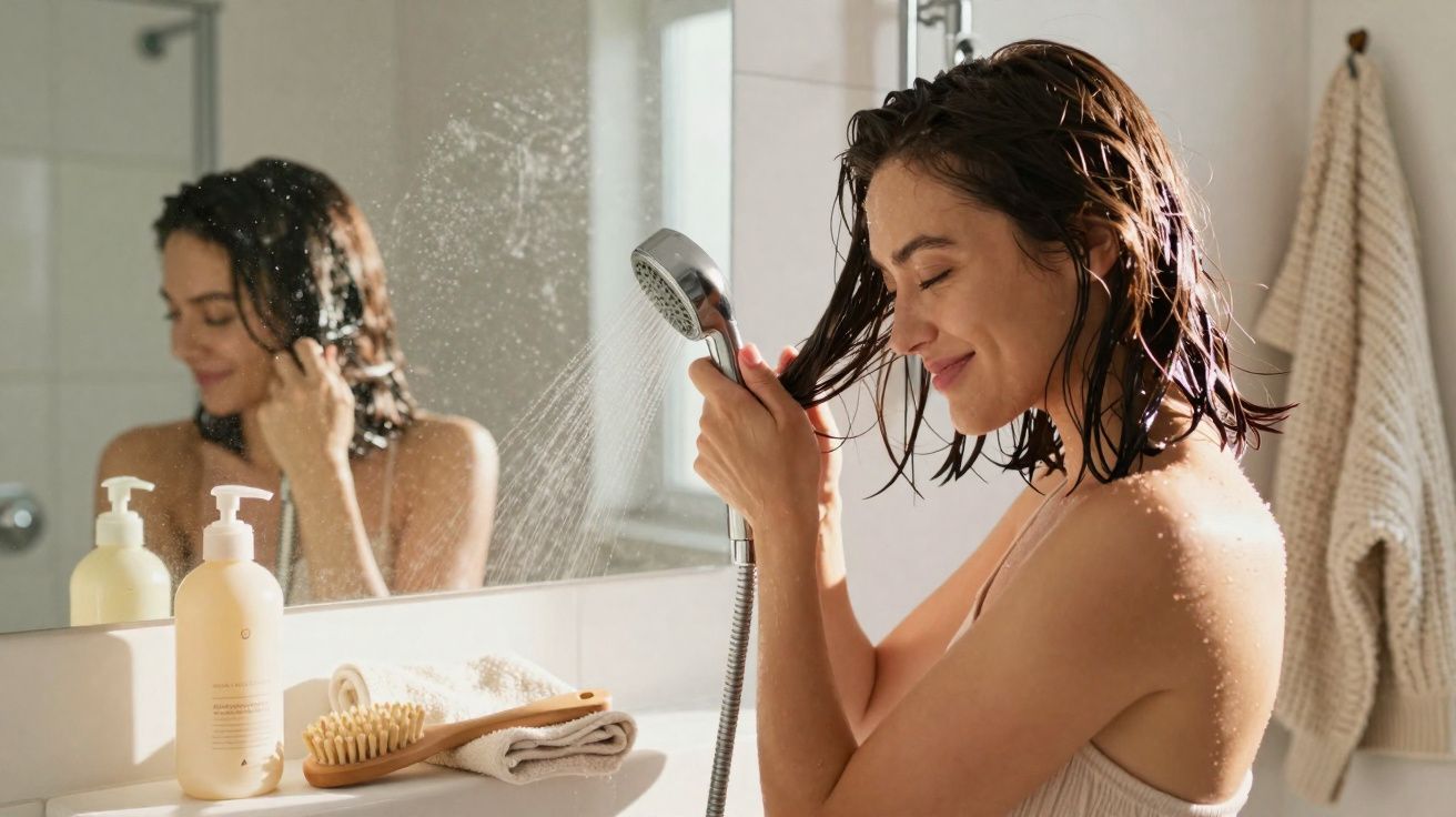 Mulher sorrindo usando chuveirinho para molhar o cabelo dentro de banheiro iluminado.