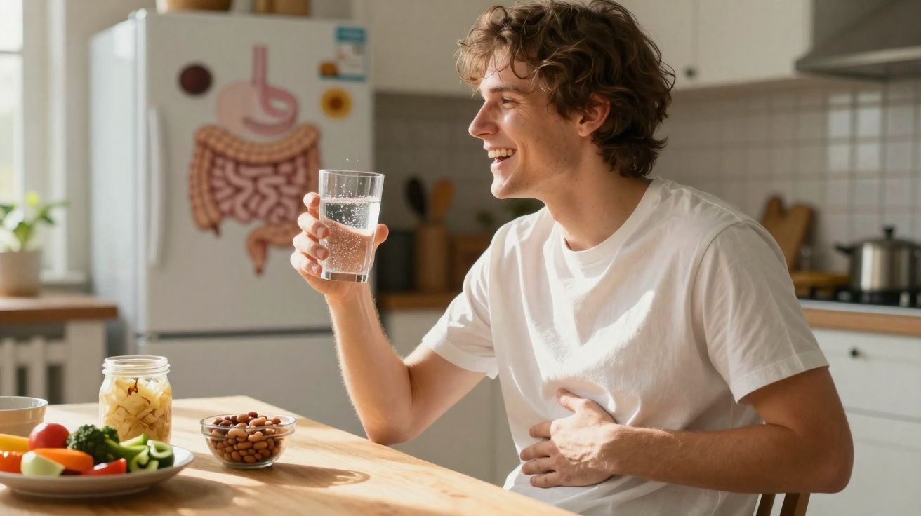 Jovem sorridente segurando copo de água na cozinha, com alimentos saudáveis na mesa à frente.