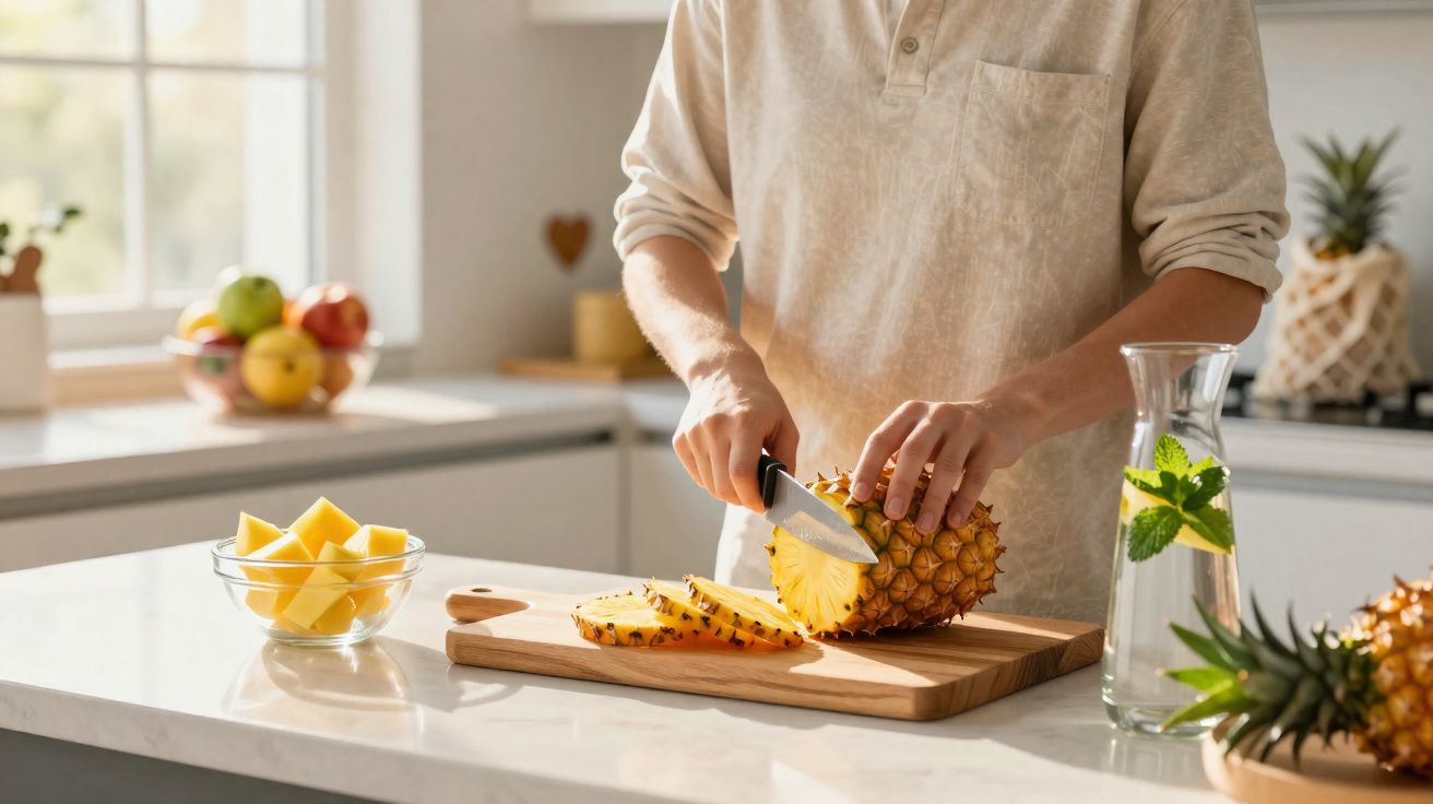Pessoa cortando abacaxi em cubos sobre tábua de madeira em cozinha iluminada naturalmente