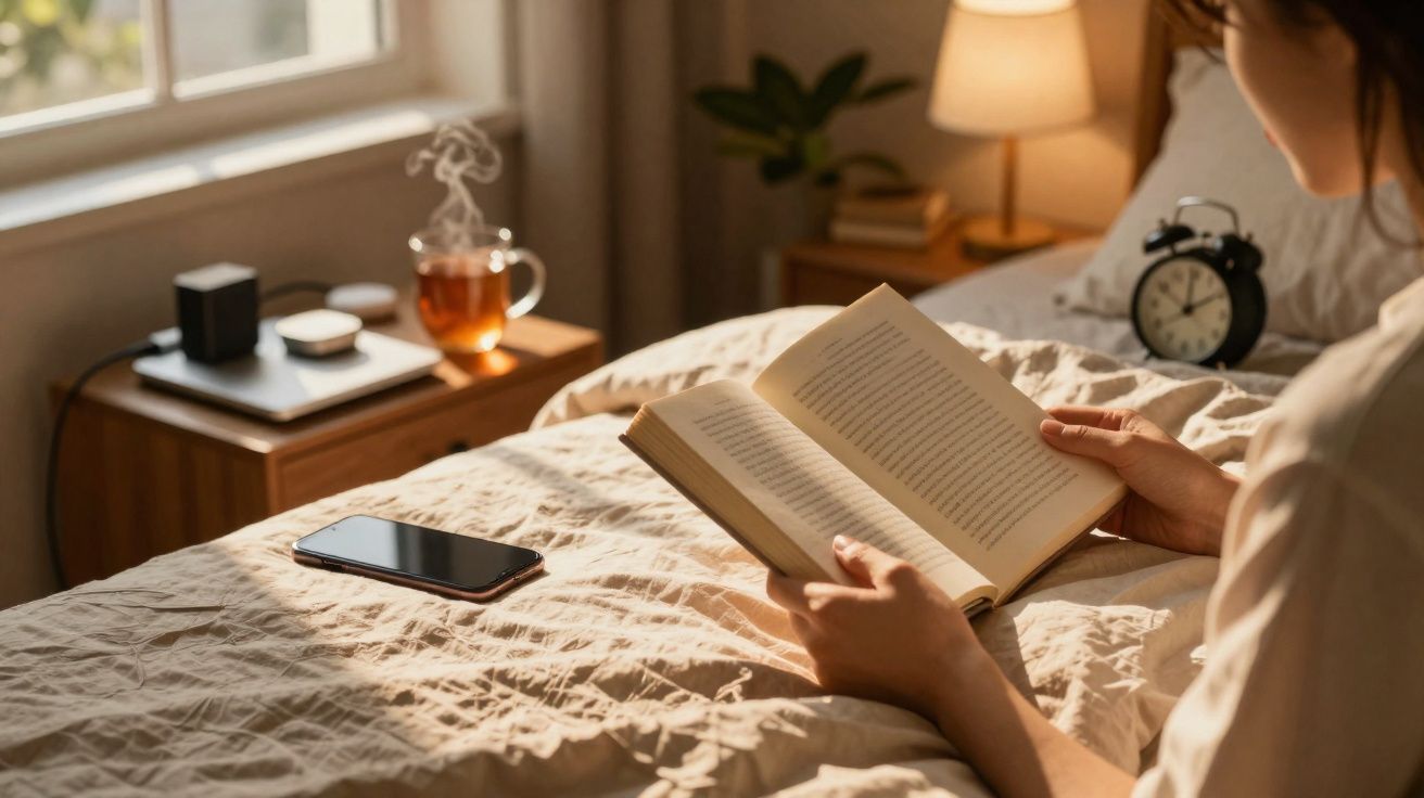 Pessoa lendo livro na cama com celular, xícara de chá e relógio na mesa ao lado, luz natural entrando.